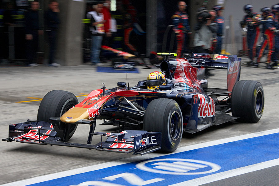 Jaime Alguersuari ejects from Toro Rosso pits with a fresh front wing