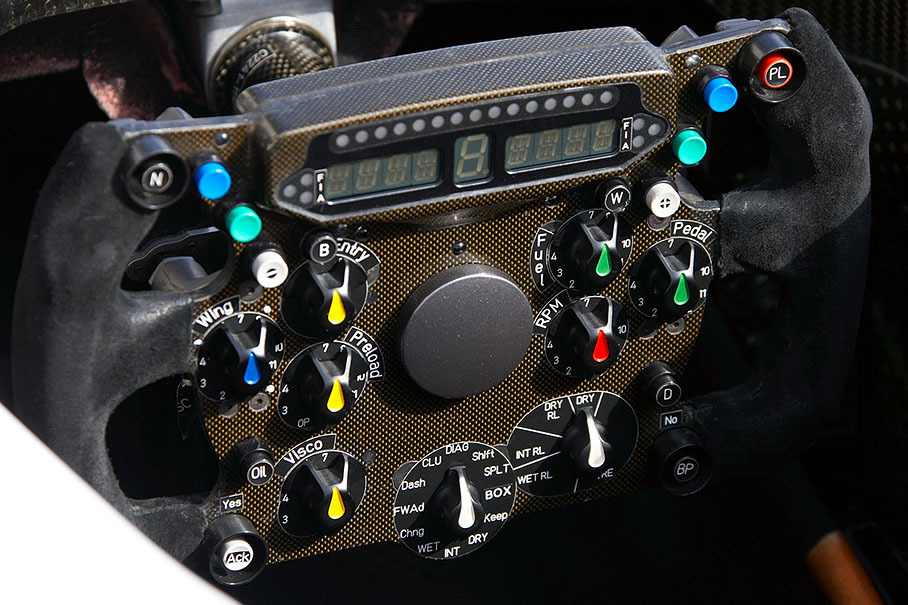 The steering wheel of a Sauber-Ferrari car
