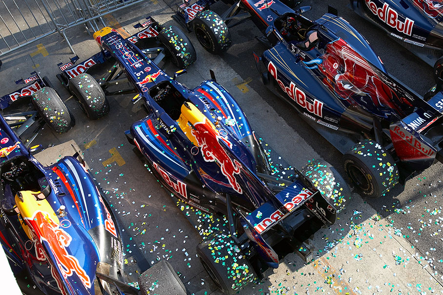 The victorious Red Bull cars in parc ferme after the podium ceremony
