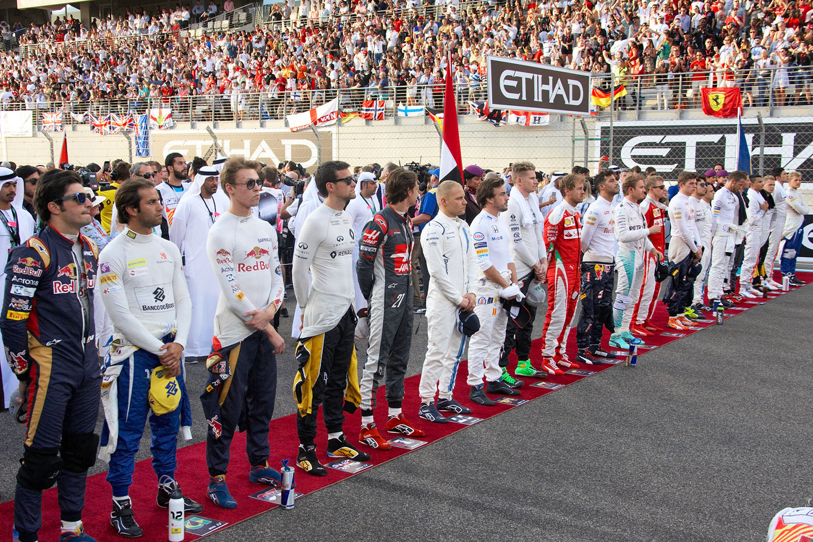 All F1 drivers at the Emirates national anthem, Abu Dhabi Grand Prix, 2016
