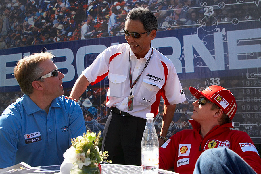 Hiroshi Yasukawa, Bridgestone Motorsport direktor, quips at the Finnish table with TV presenter former racing driver Jyrki Juhani Järvilehto 'JJ' Lehto and Ferrari's Kimi Raikkonen