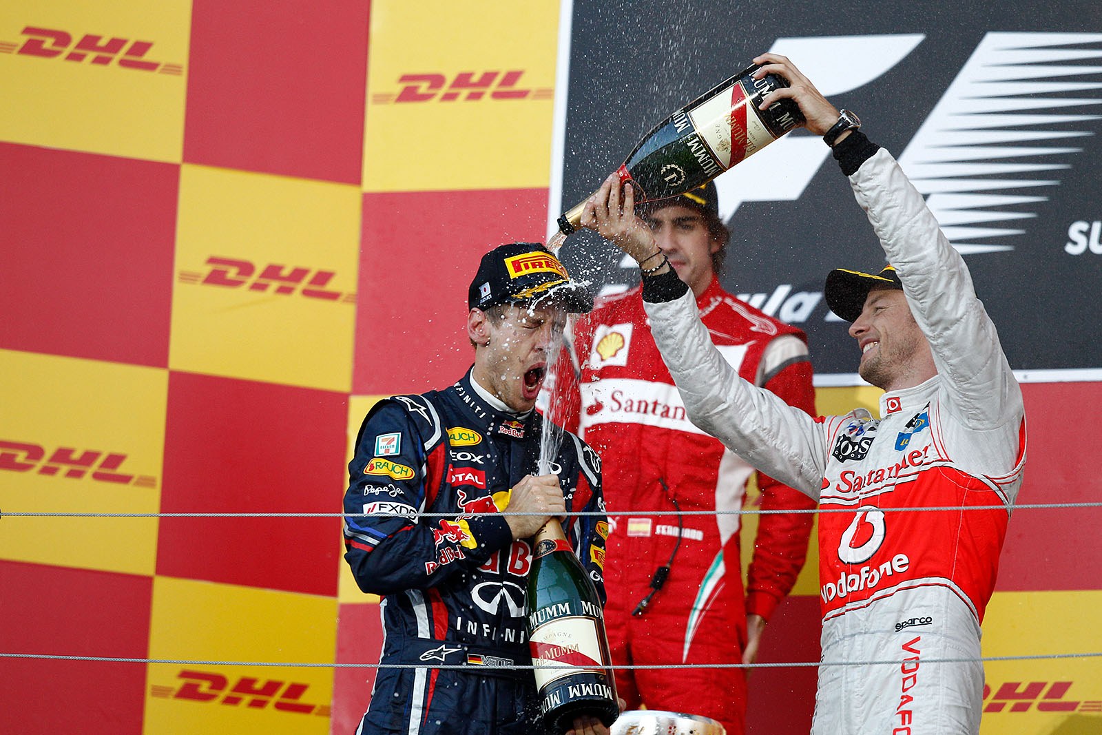 Champagne showers for the newly crowned World Champion Sebastian Vettel of Red Bull Racing