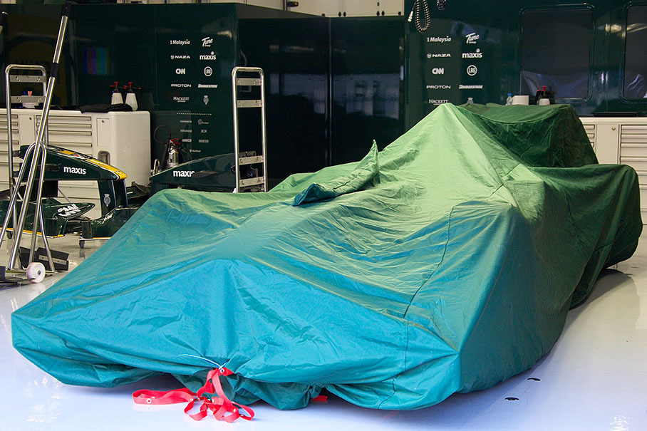After scrutineering on Saturday afternoon, the Lotus cars are sealed in the team's pits under FIA's parc ferme regulations