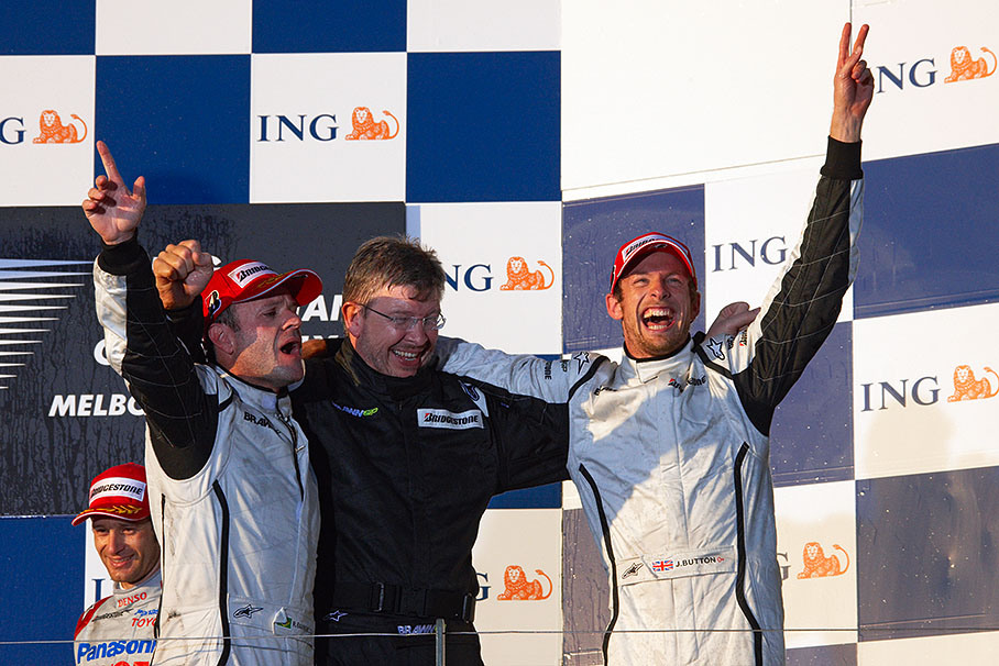 Rubens Barrichello, Ross Brawn and Jenson Button celebrate their spectacular double win on Melbourne podium - for the first time since 1954 (then a Mercedes at Reims), a new team manages to gain a 1-2 victory at its first appearance