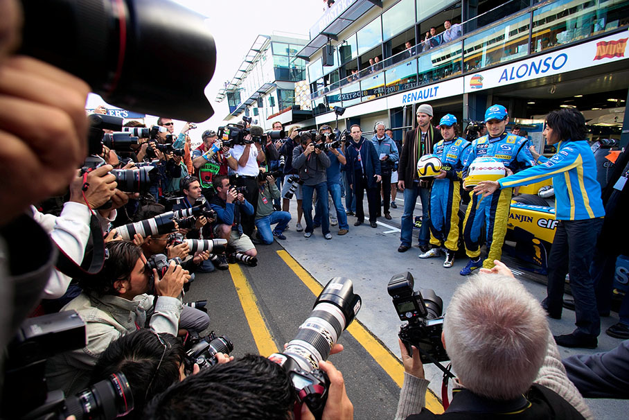 Waiting photographers and last preparations for a Renault PR drivers group photo