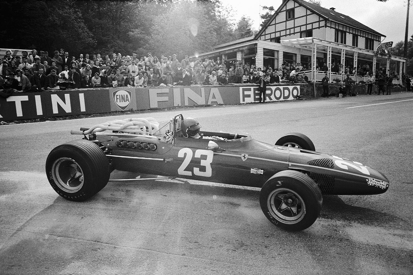 Belgian Jacky Ickx, Ferrari, drives through La Source, Spa-Francorchamps, Belgian Grand Prix, 1968