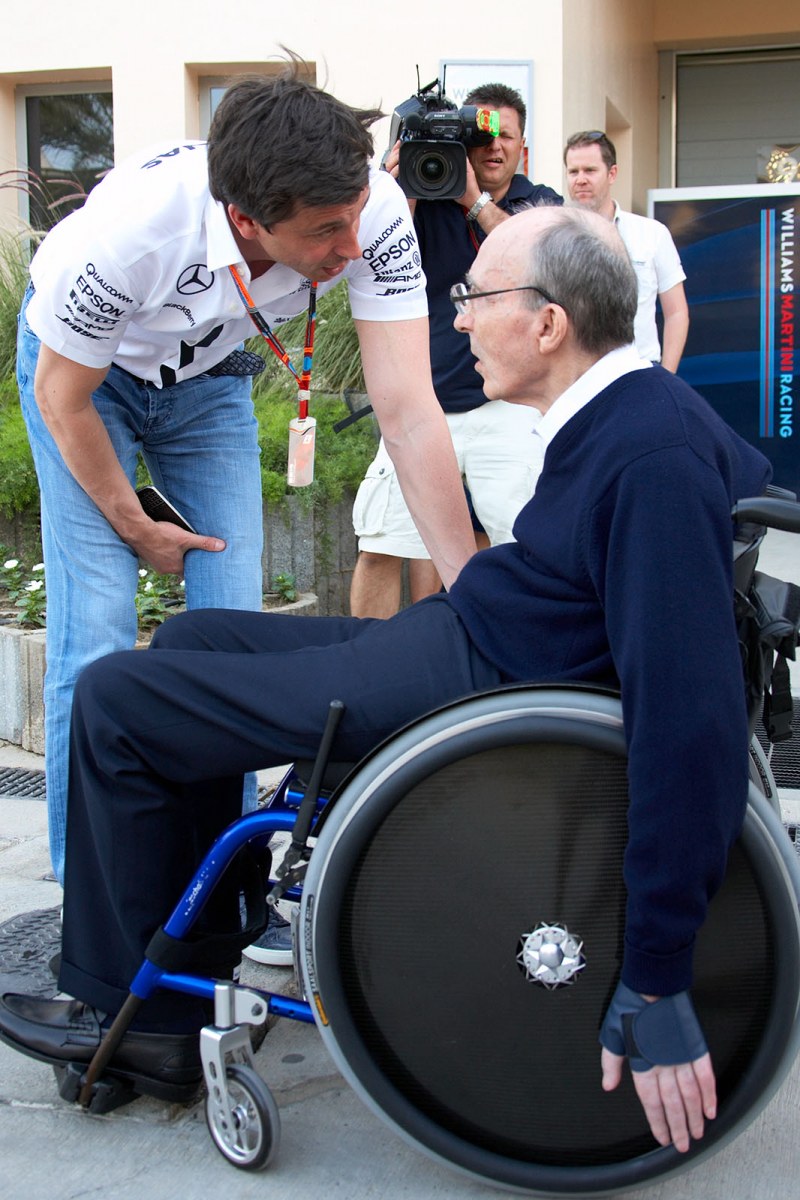 Owner and executive director of the Mercedes AMG F1 Team, Toto Wolff, talkes to Frank Williams