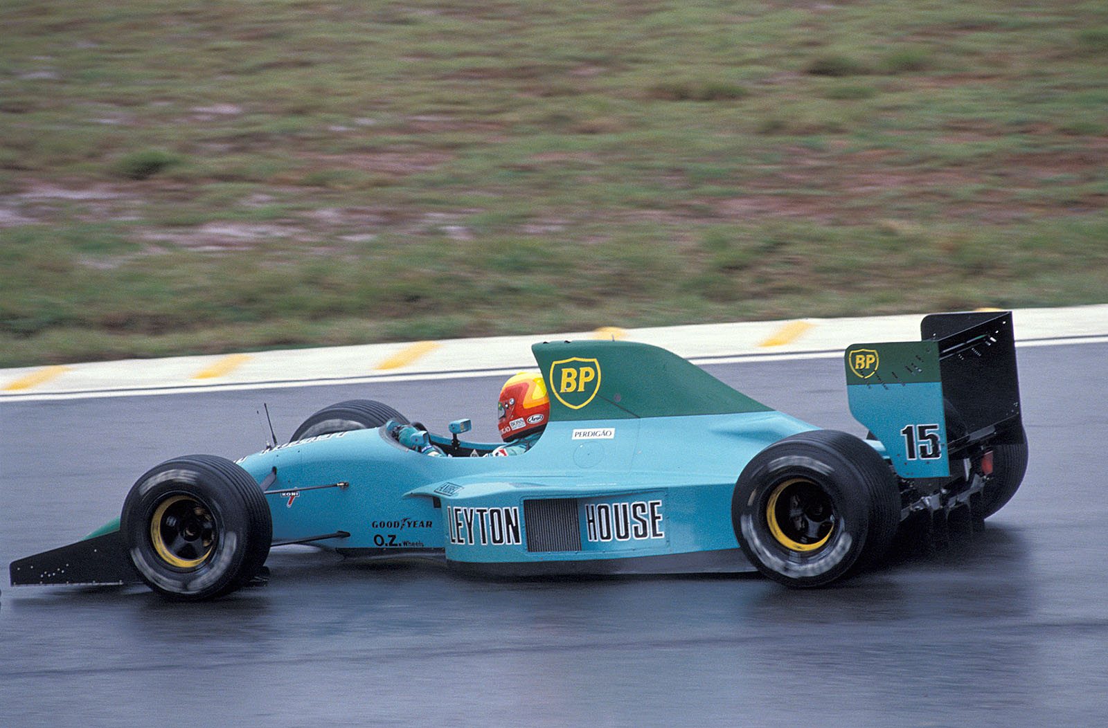 Mauricio Gugelmin on Leyton House-Ilmor could not attend the Brazilian GP 1991 as he was injured in warm-up when his car burnt (small sponsor text line "PERDIGAO" in Brazil for practice only)