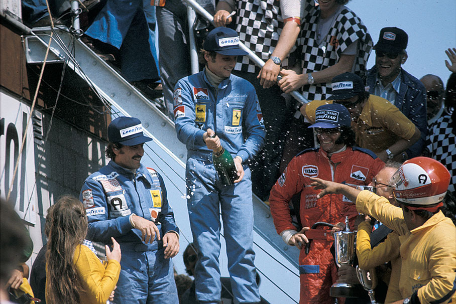 Podium ceremony after the Dutch GP Zandvoort 1974: 1-2 win for Ferrai with race winner Niki Lauda, second Clay Regazzoni and third placed Emerson Fittipaldi
