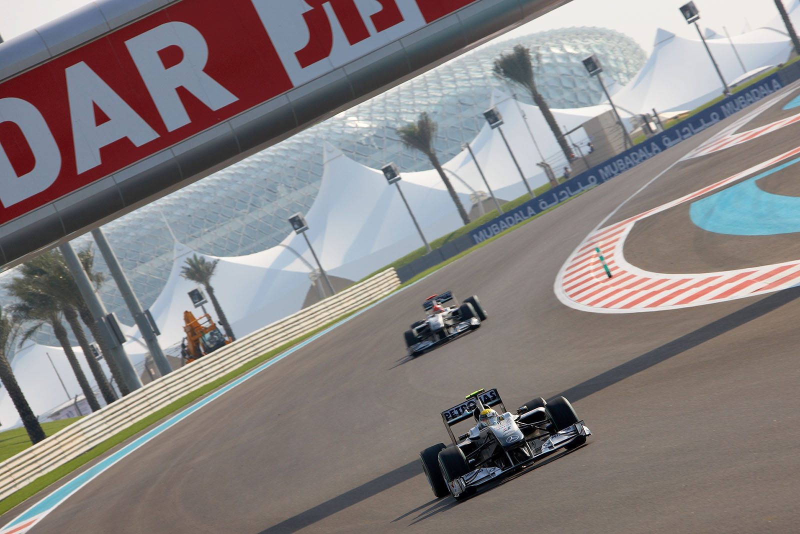 The two Mercedes cars attend the Friday morning practice session
