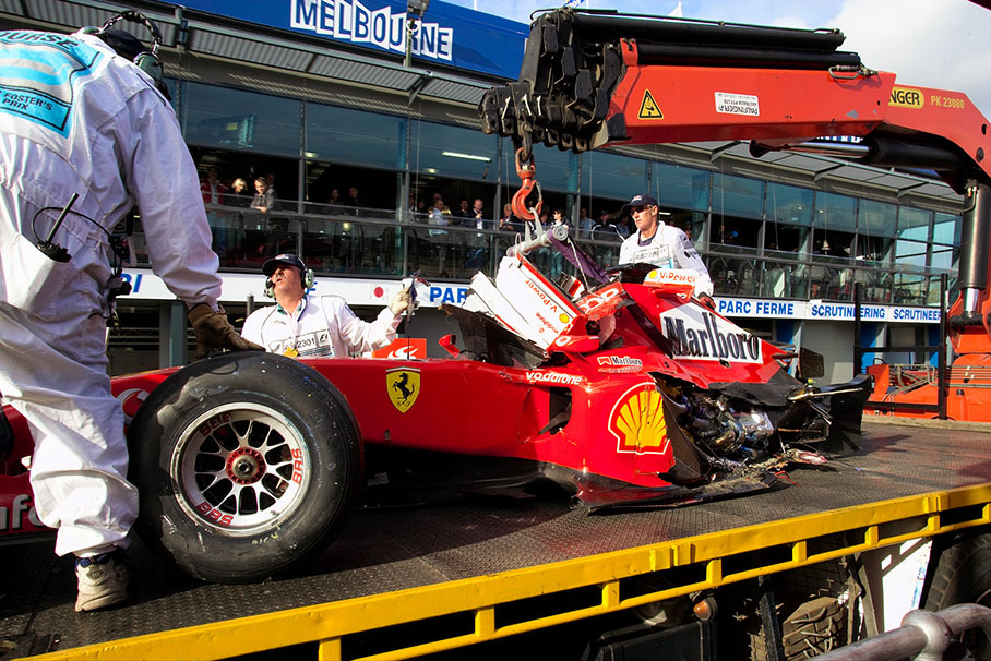 The demolished Ferrari of Felipe Massa - a result of the early start accident that took also Nico Rosberg's Williams out of the race