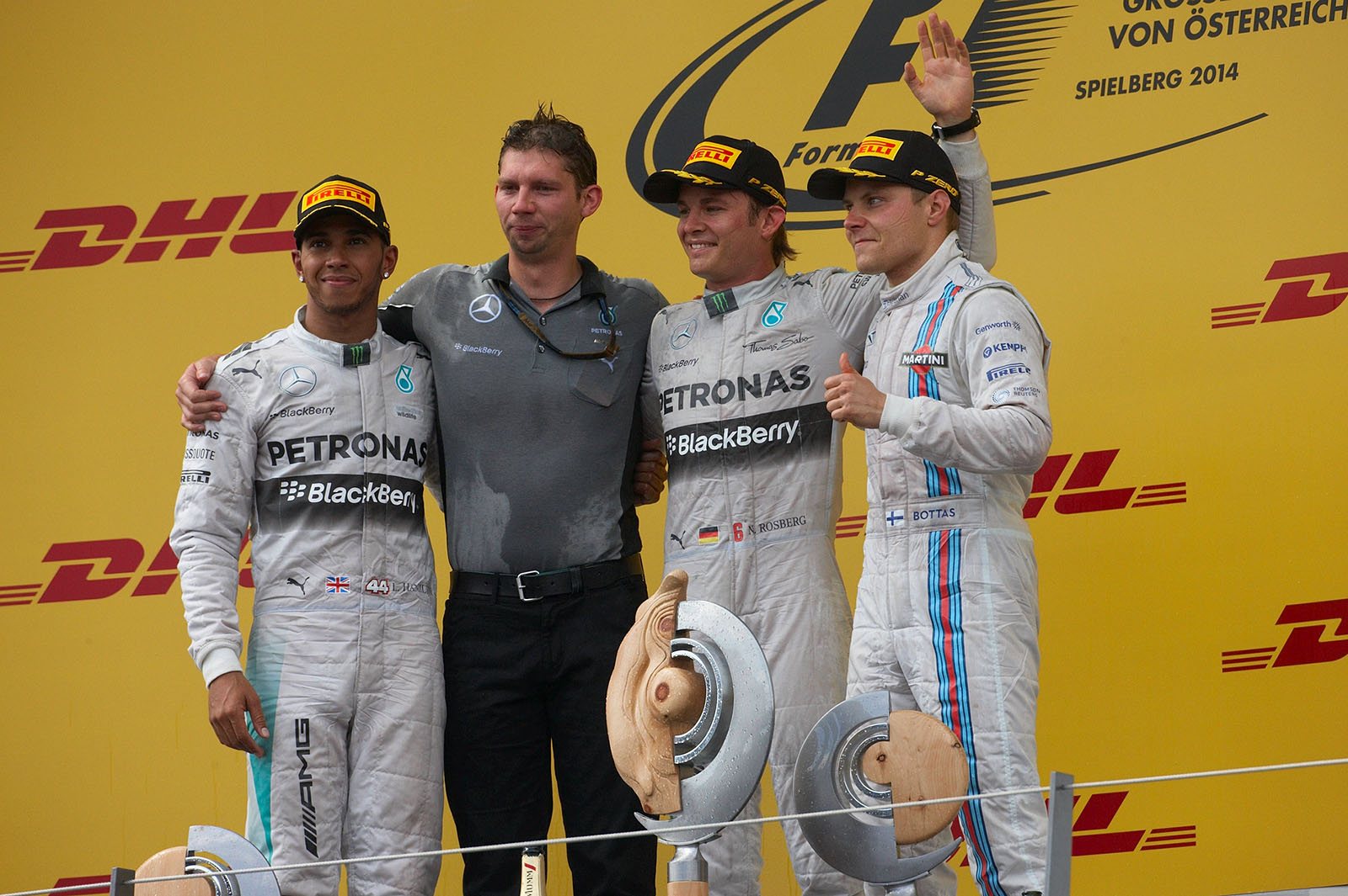 Final podium shot: Lewis Hamilton, James Vowles, Nico Rosberg and Valtteri Bottas, Spielberg, Austrian Grand Prix, 2014