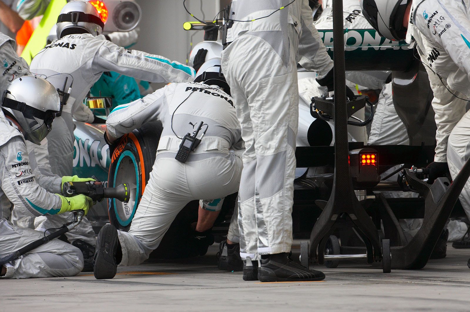 Lewis Hamilton stops at Mercedes GP pits