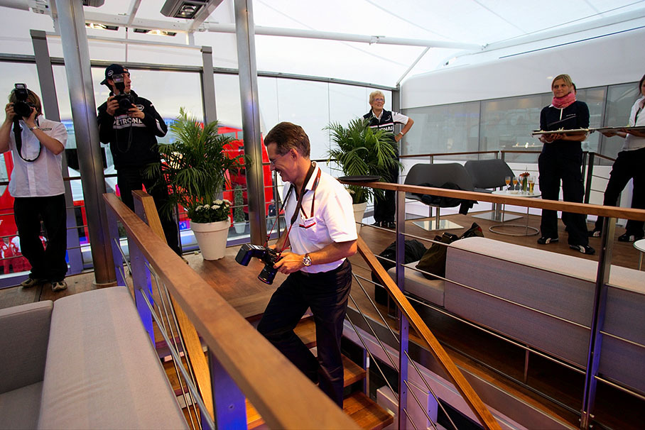 The BMW Sauber's Heidfeld, Kubica and Theissen at a team event organized for photographers.