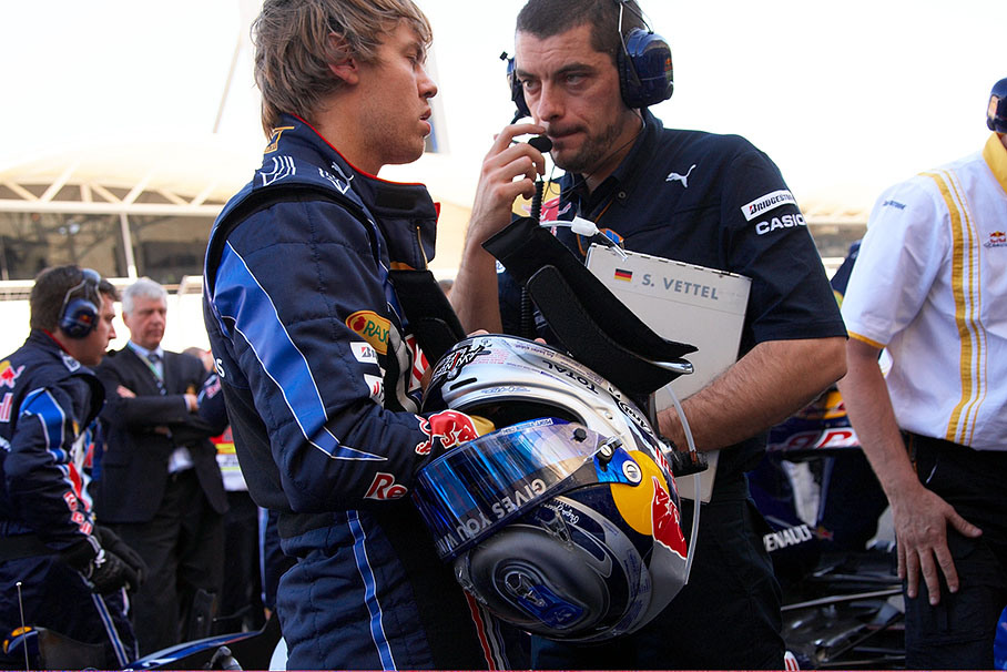 Sebastian Vettel with Guillaume Rocquelin, Red Bull Racing race engineer