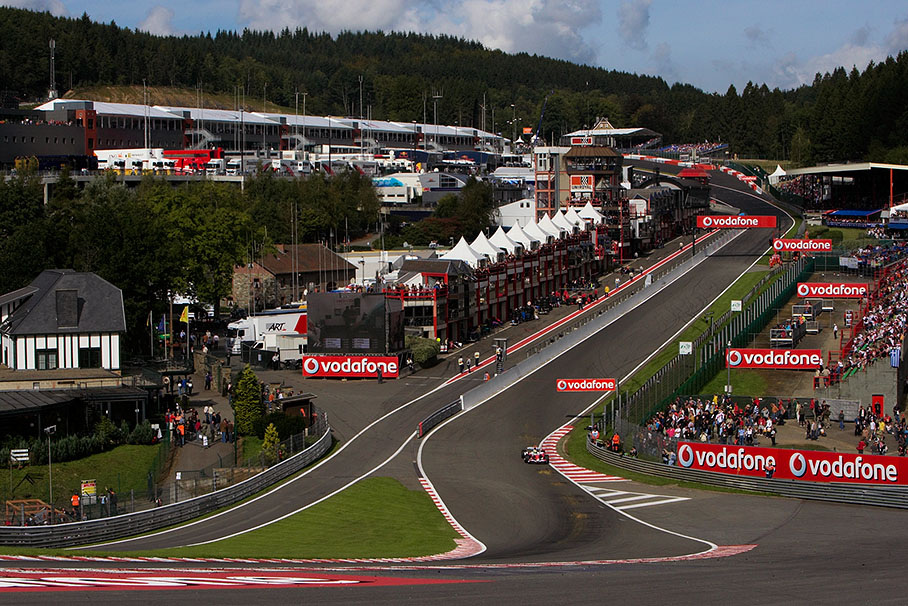 View on legendary 'Eau Rouge' curve and the paddock complex