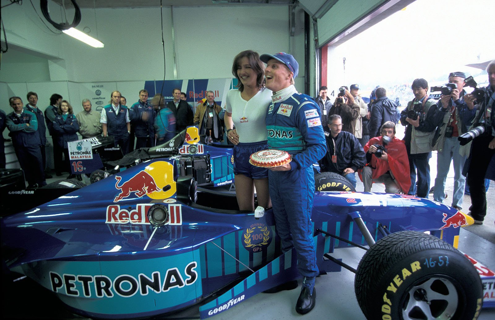 Johnny Herbert celebrates his 100th Grand Prix