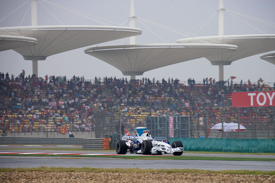 Nick Heidfeld of BMW Sauber practices in dull weather