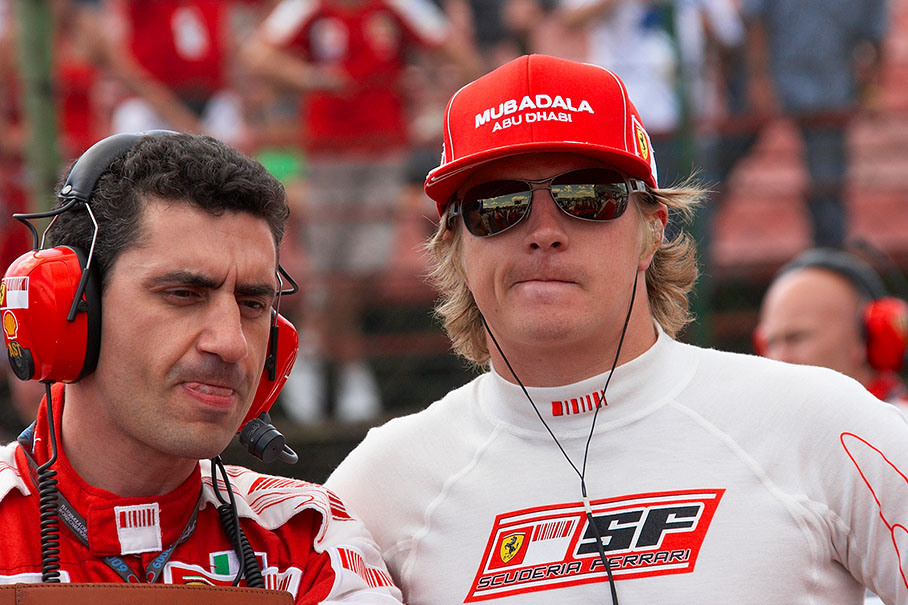 A thoughtful Kimi Raikkonen with Ferrari race engineer Andrea Stella