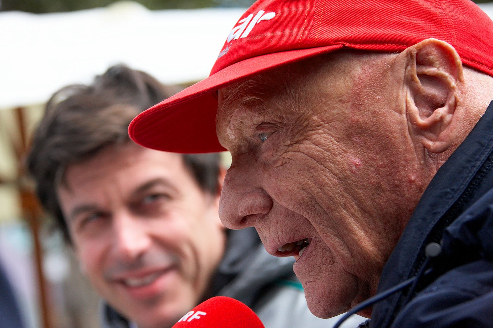 Austrian racing legend Niki Lauda gives an interview with Toto Wolff