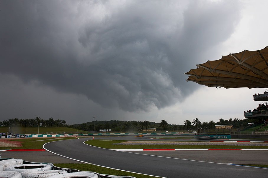 A storm cloud builds up above the race track