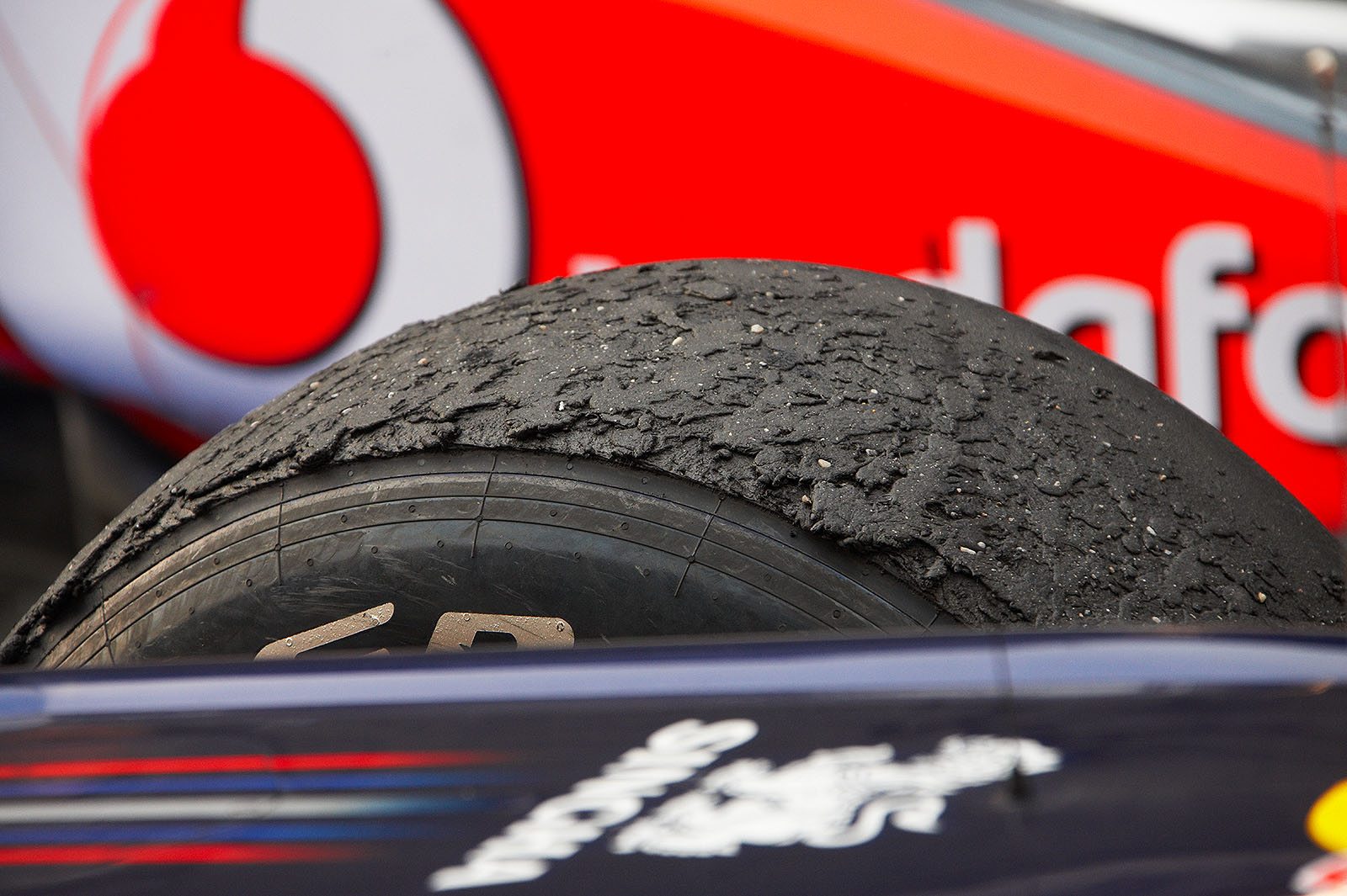 A used Pirelli tyre on a Red Bull-Renault after the Chinese GP