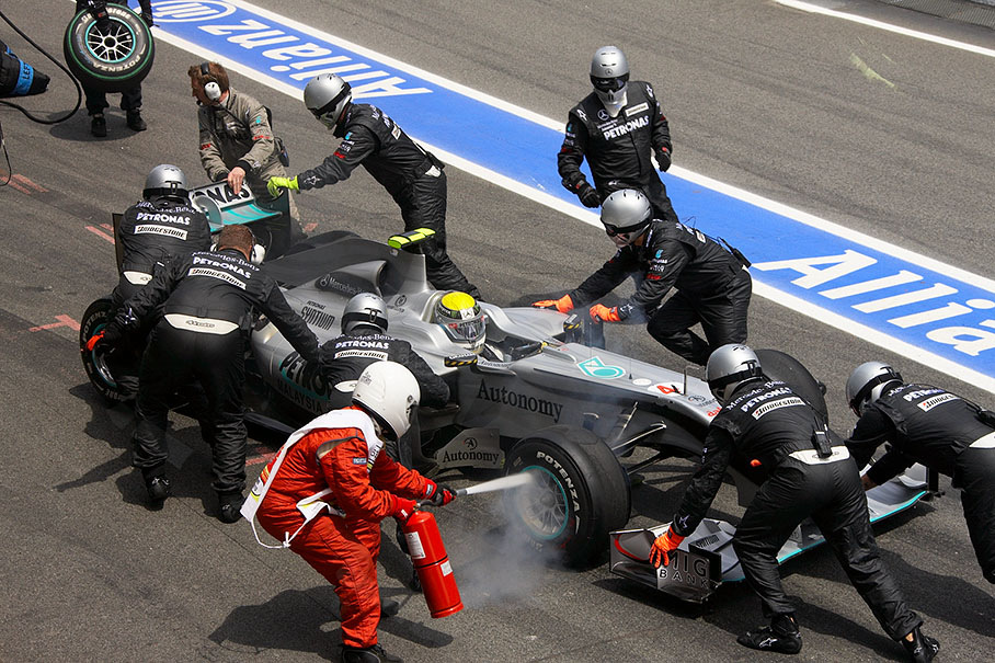 After his stop at Mercedes GP pits, Nico Rosberg's front right brake disk catches fire because the wheel was not mounted correctly