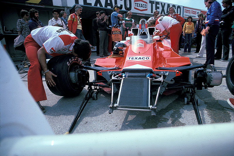 James Hunt's McLaren-Cosworth is prepared for the British GP Brands Hatch 1978