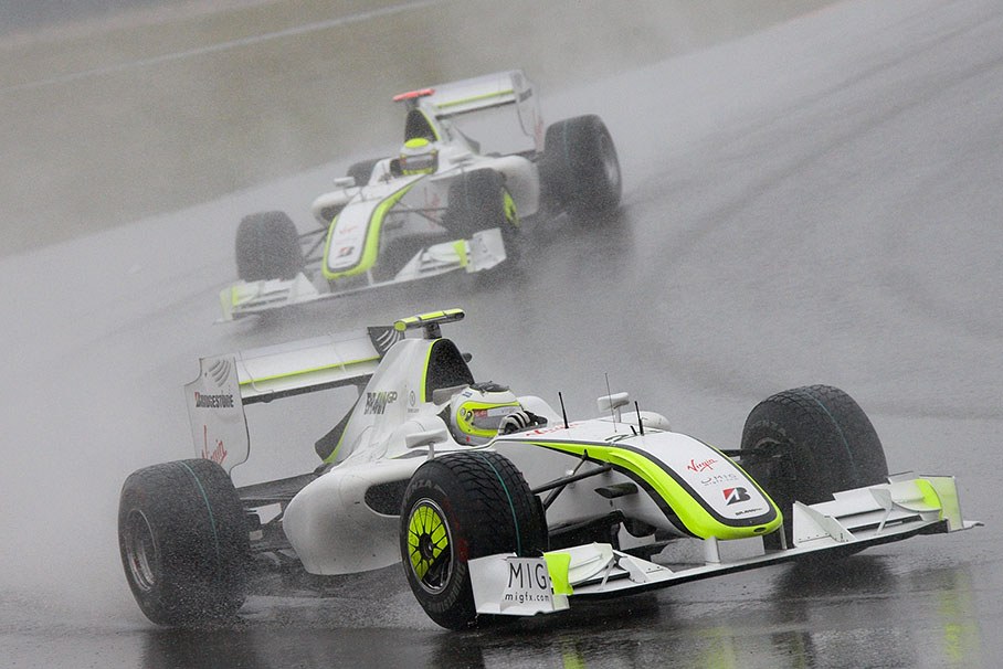 Rubens Barrichello in front of Brawn GP teammate Jenson Button