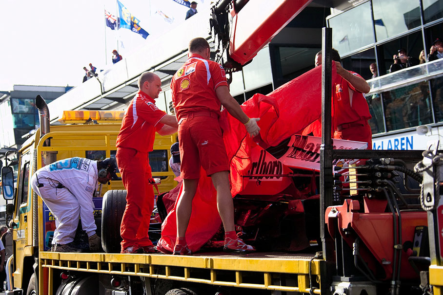 The demolished Ferrari of Felipe Massa - a result of the early start accident that took also Nico Rosberg's Williams out of the race
