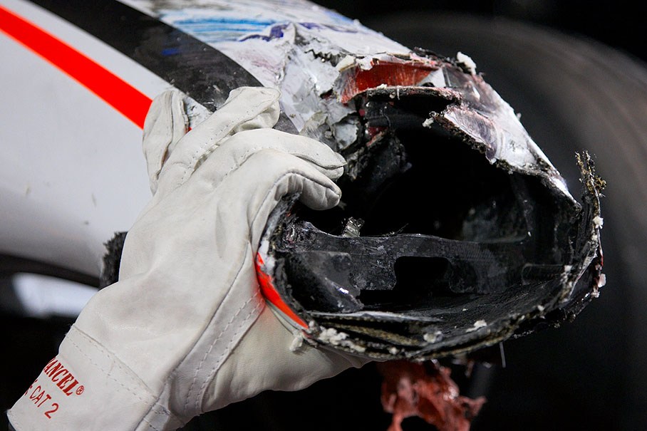 The remains of Fisichella's nose cone tip after his accident during Saturday's first practice at Cricket Club chicane