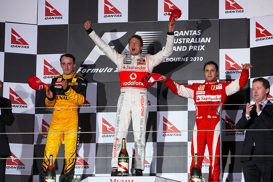 Podium ceremony with second placed Robert Kubica, winner Jenson Button and third positioned Felipe Massa