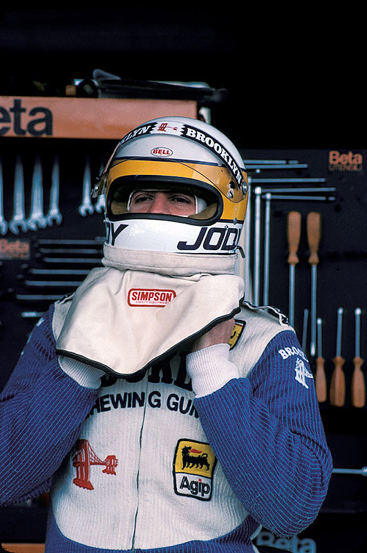 Jody Scheckter puts his helmet on for the Spanish GP Jarama 1979