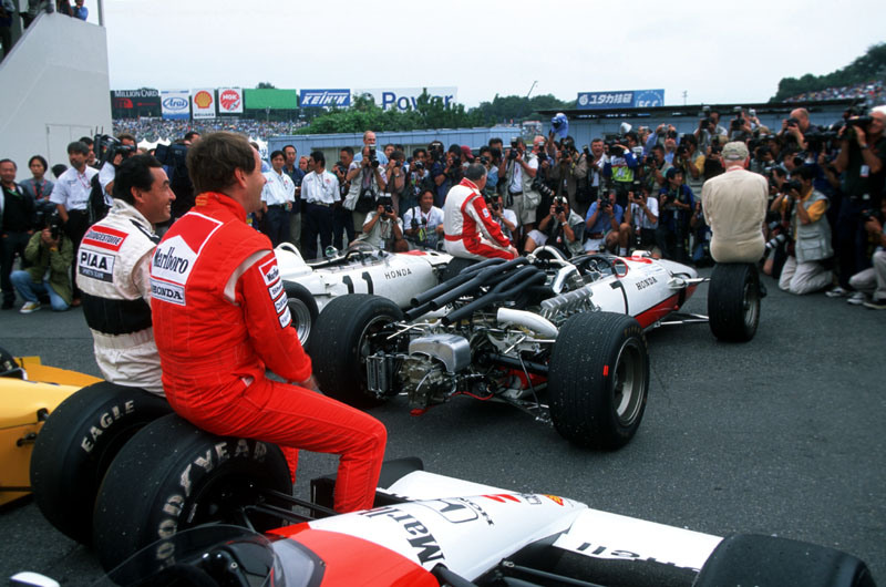 A display of historical Honda F1 powered cars and drivers as part of the Japanese Grand Prix weekend in Suzuka.