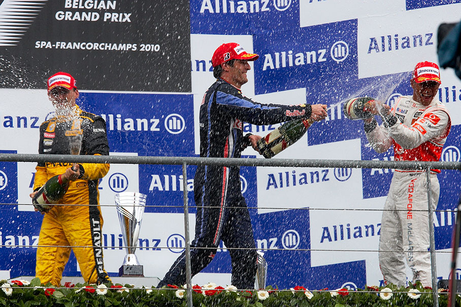 Champagne showers on the podium after the Belgian GP