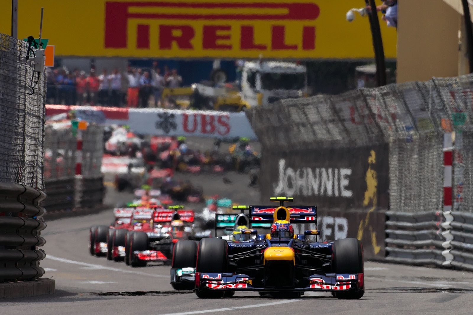 The start field after turn one, Webber in the lead