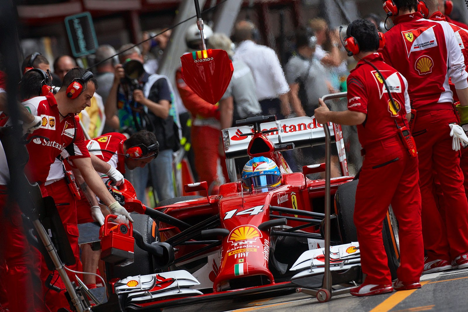 Fernando Alonso, Ferrari, is about to leave the pits for qualifying session, Spanish Grand Prix, Barcelona, 2014