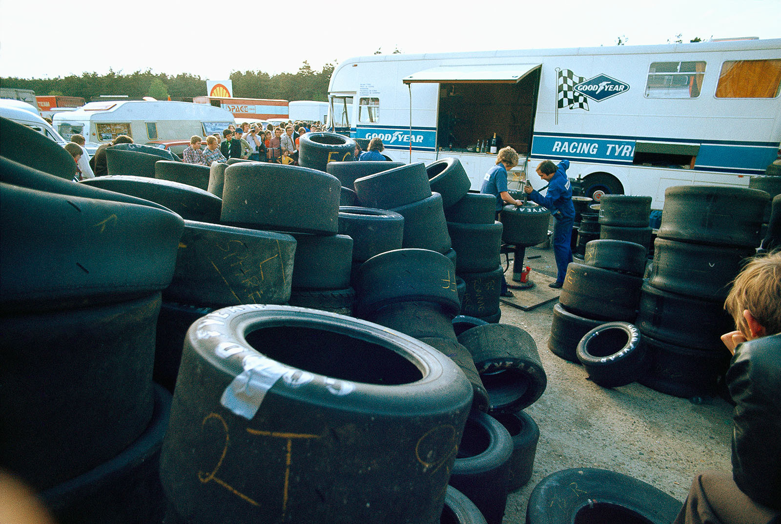 The storage yard of the Goodyear racing tyre service, Belgian Grand Prix, Zolder, 1973